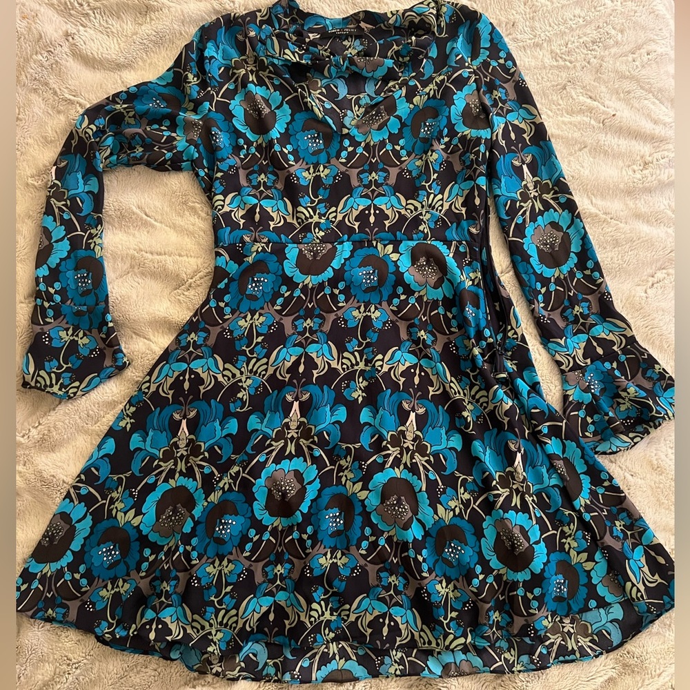 Blue Retro Flower Pattern Dress